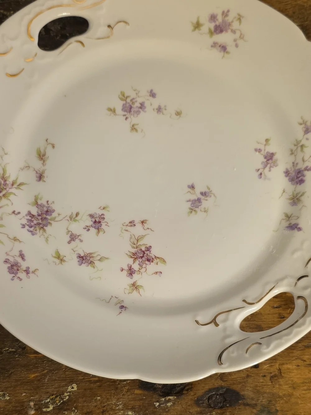 White Ceramic Serving Platters with Lavender Floral Pattern and Gold Trim